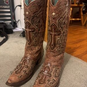Corral Cognac Bone Inlay Cross Studs Snip Toe Cowgirl Boots, Size 7